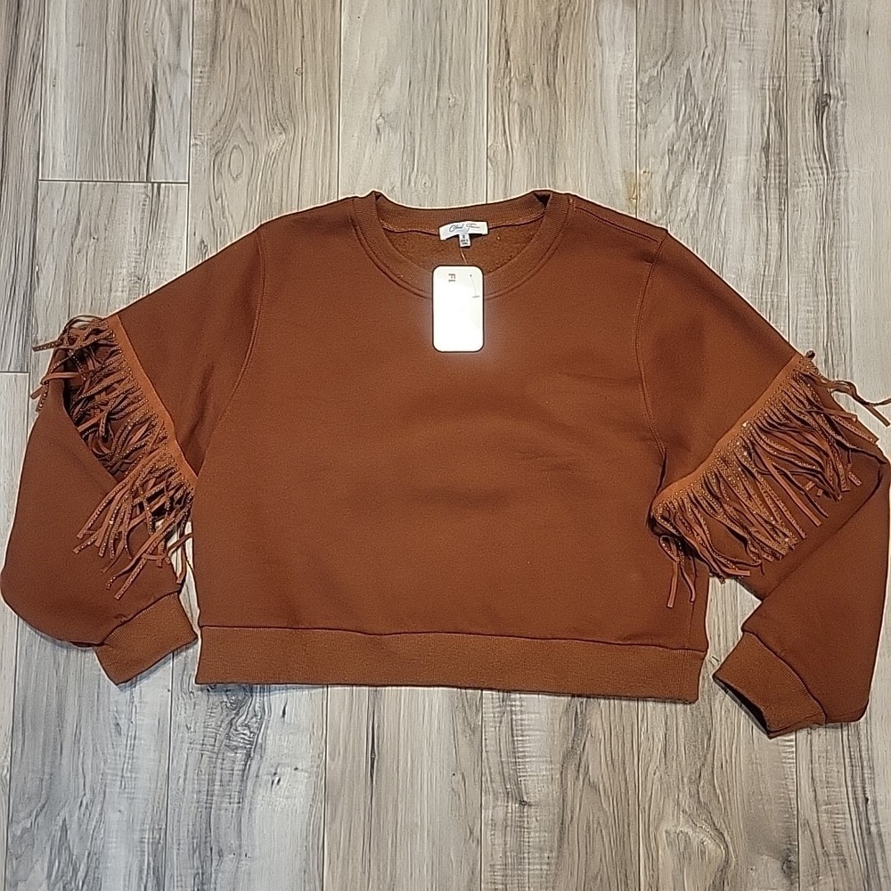 Cloud Ten Clarke Fringe Sweater Womens Medium Brown Crewneck‎ Pullover Western